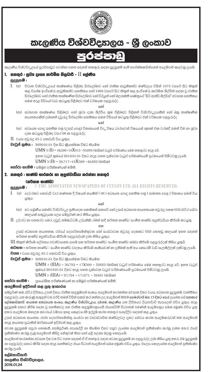 Audio Visual Technical Officer, Caretaker & Repairer (Dancing Instruments) - University of Kelaniya